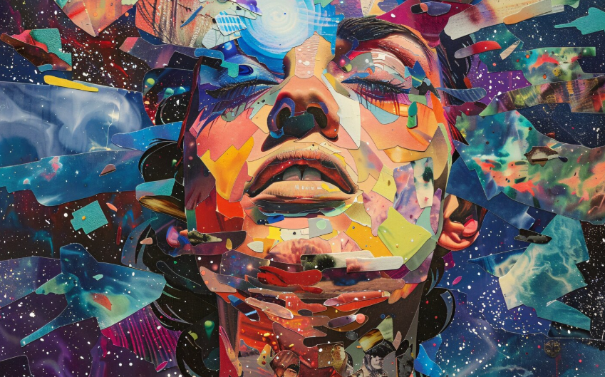 Portrait of a woman’s face dissolving into cosmic fragments, symbolizing AI-driven creativity
