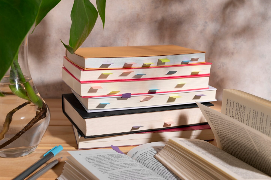 Stack of trending books right now with sticky-note takeaways on desk