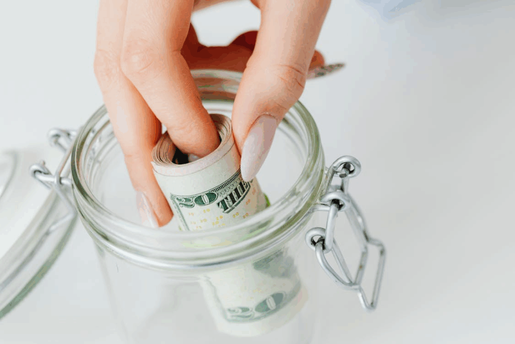 Placing a rolled $20 bill into a glass jar as emergency fund to recession-proof finances