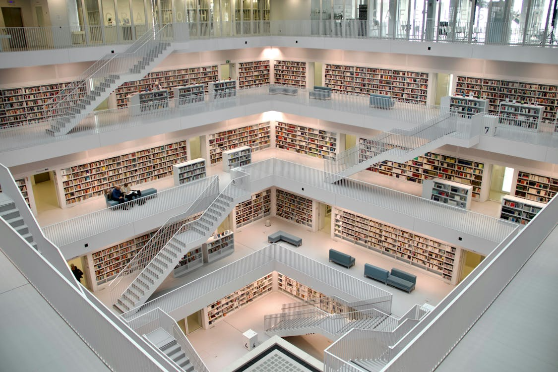 Multi-level modern library atrium with open stairs and floor-to-ceiling bookshelves
