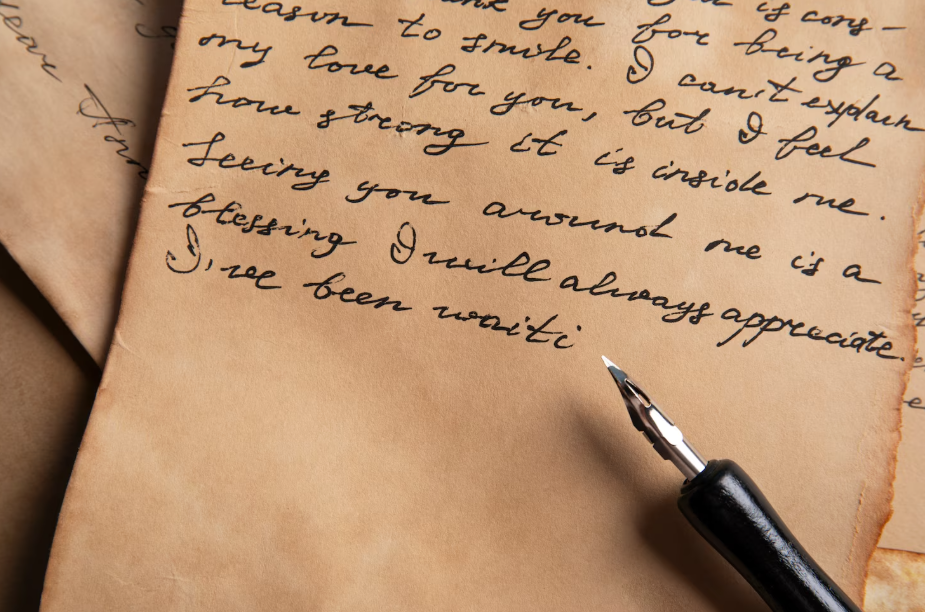 Close-up of inked handwriting, showing the lost art of letter writing