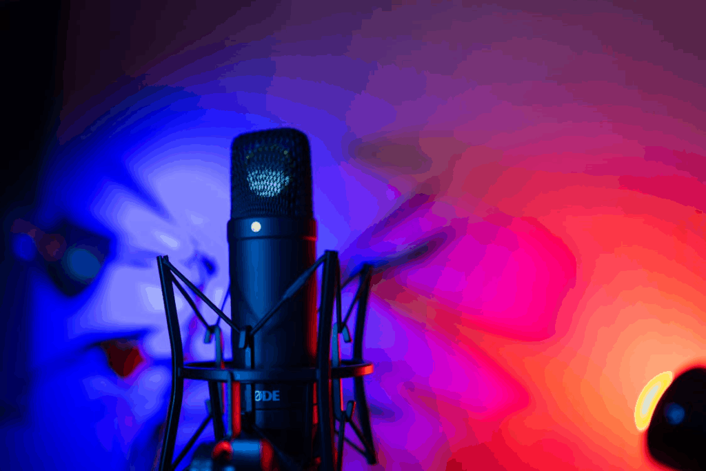 Close-up of studio microphone with neon blue lighting for true-crime podcast recording